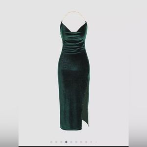 Chain Halter Velvet Cowl Neck Slit Dress